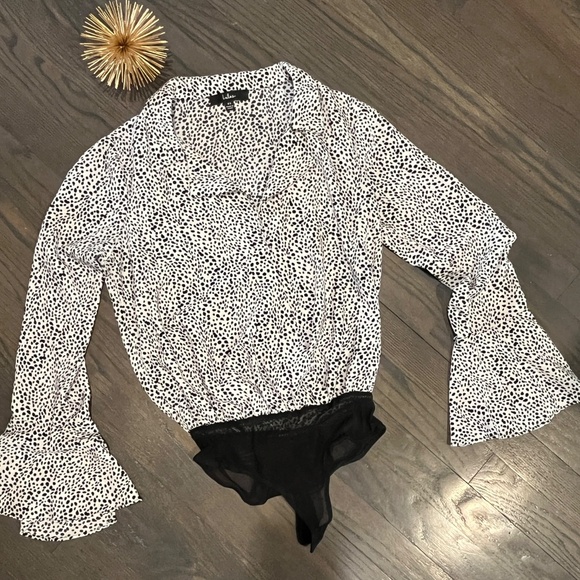 Always Lovely Ivory and Black Print Long Sleeve Bodysuit XS - Picture 7 of 11